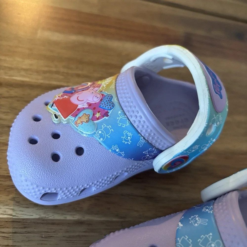 Crocs Peppa Pig Toddler Girl Size 4 C Purple Rainbow Vacation Beach NEW NO TAGS‎